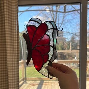 Red Stained Glass Butterfly Suncatcher - Handcrafted Home Art
